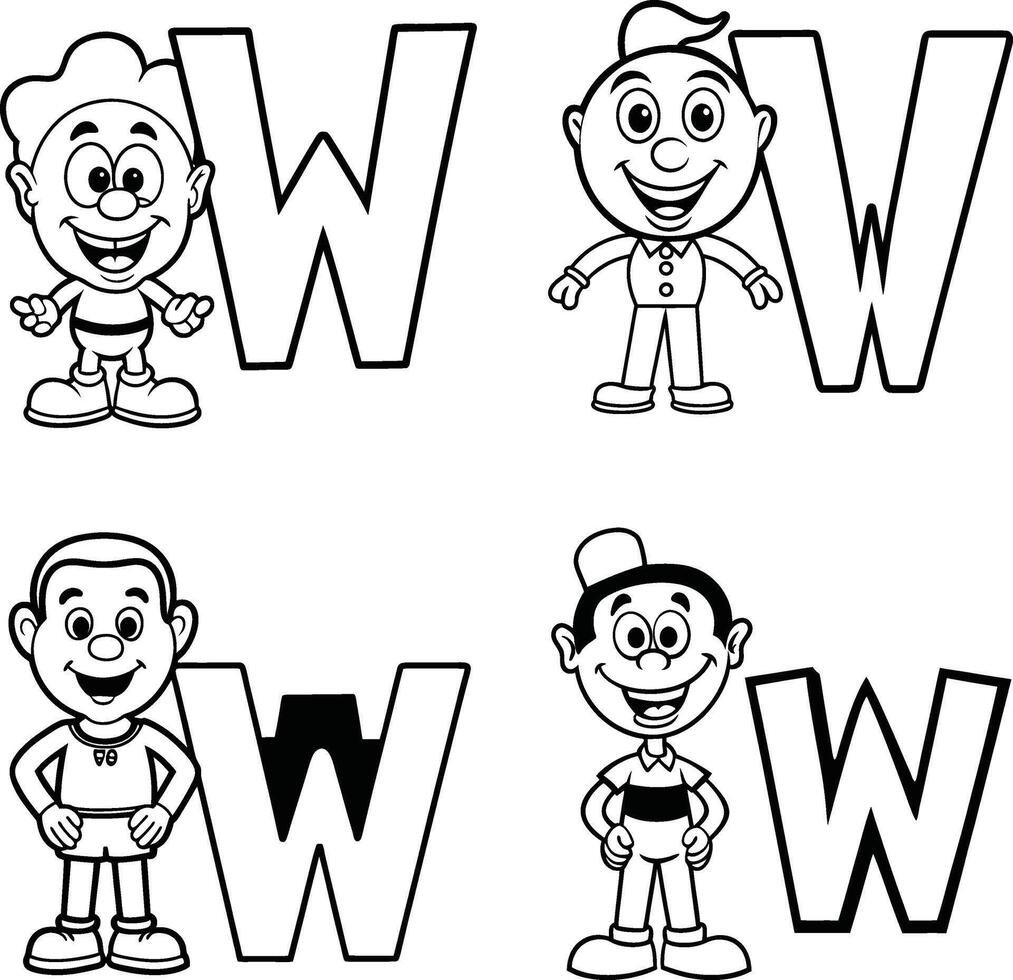 Cartoon boys with letter w coloring page illustration for kids vector