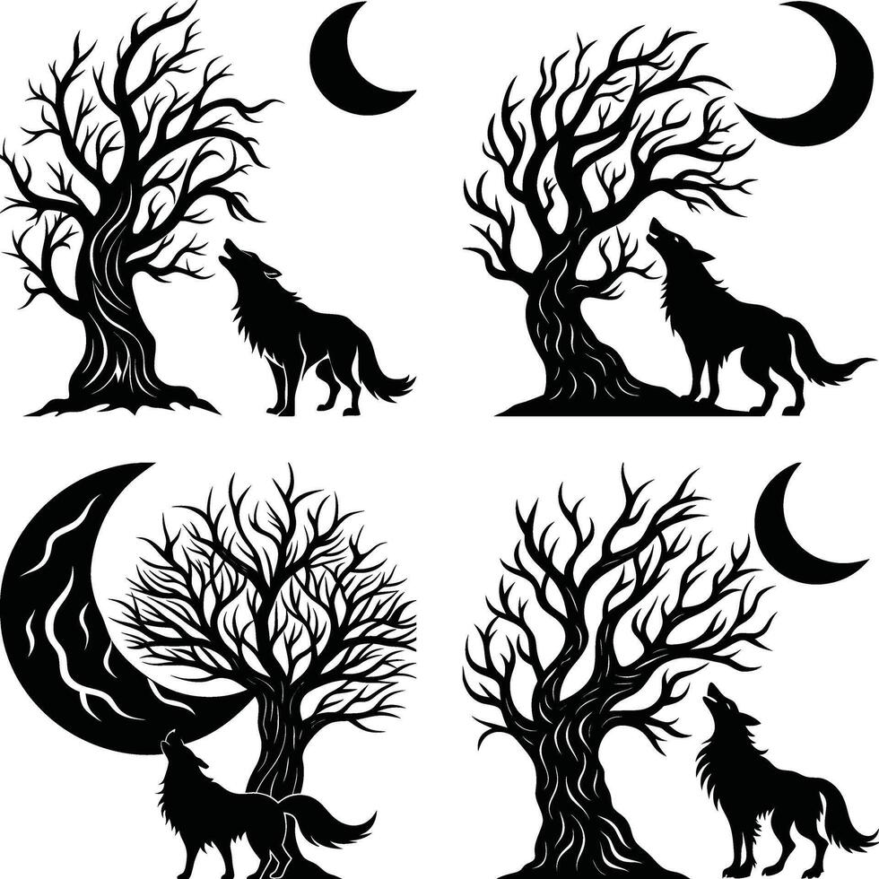 Silhouetted wolves howling at the moon by trees dark night illustration vector