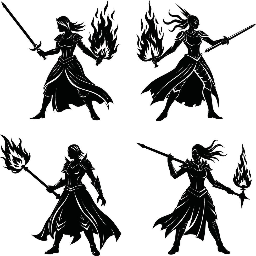 Silhouette of female warriors with swords and flames black and white vector
