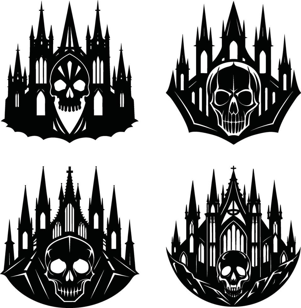 Spooky gothic castle silhouettes with skulls illustration set for halloween vector
