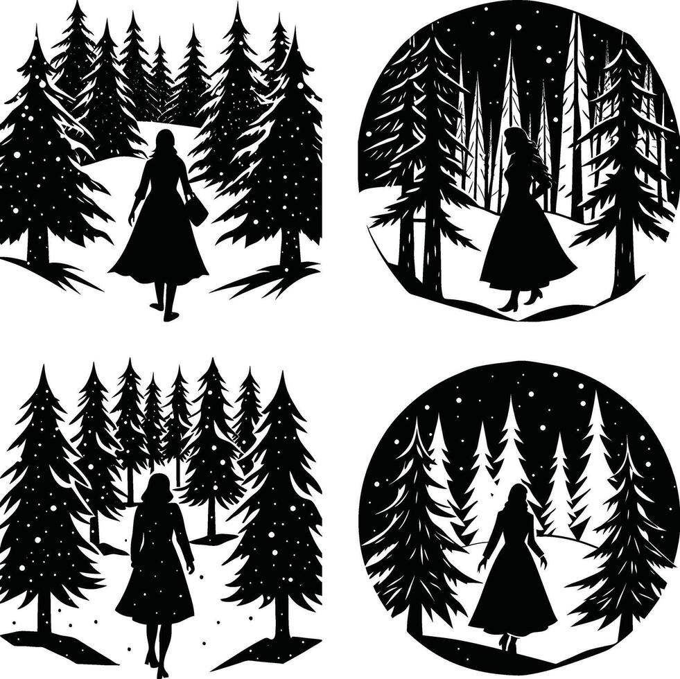 Woman silhouette walking through pine forest with snowflakes and circle frame designs vector