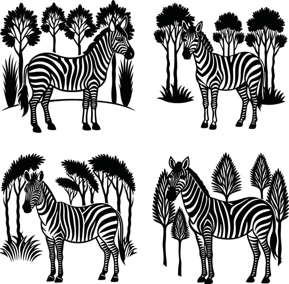 Black and white zebra set with trees silhouette graphic illustrations vector