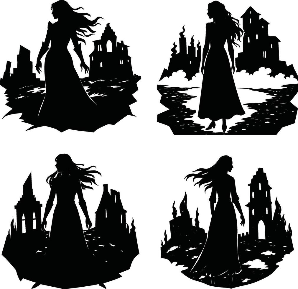 Silhouette of a woman near fantasy castles in monochrome art vector