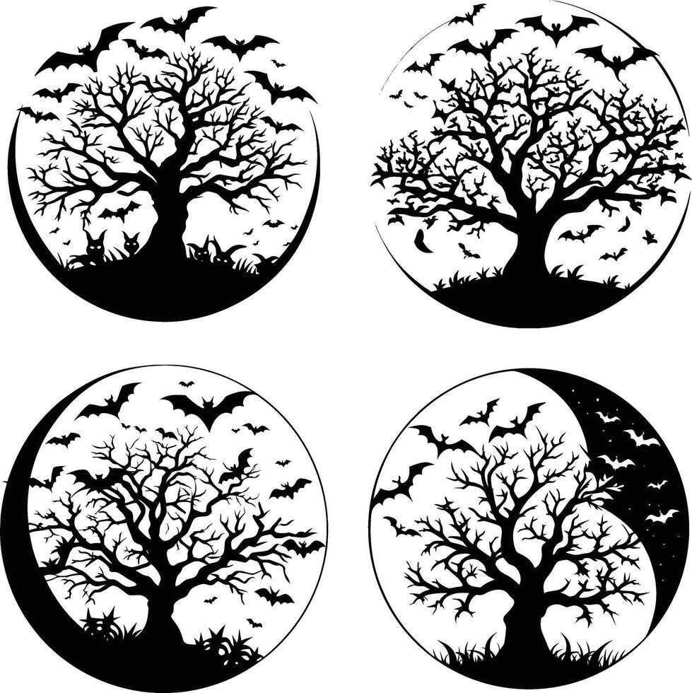 Spooky halloween designs set of circular silhouettes featuring bats and bare trees vector