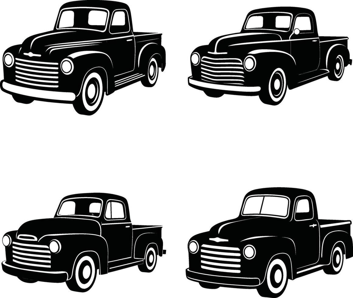 Collection of classic pickup truck black and white silhouettes vector