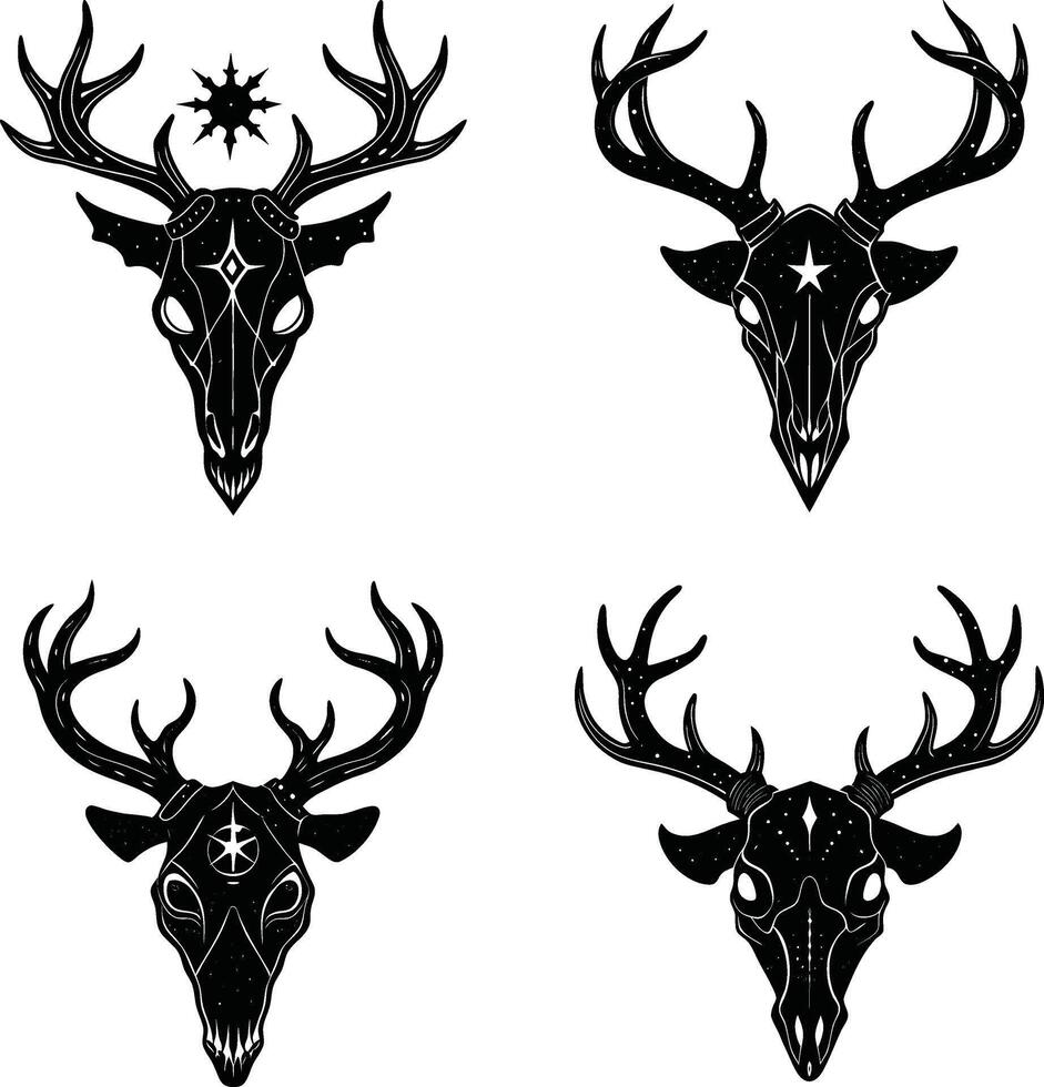 Set of black deer skull silhouettes with stars in gothic style vector
