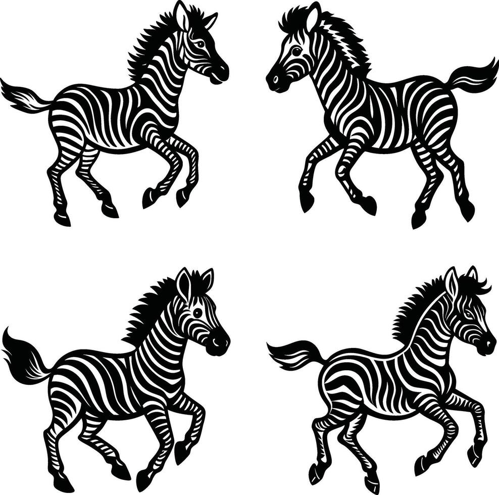 Decorative black and white zebras cartoon style pattern on white background vector