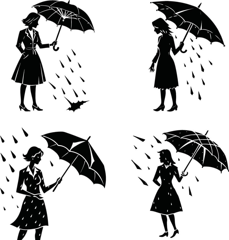 Stylish women with umbrellas in the rain black and white illustration vector