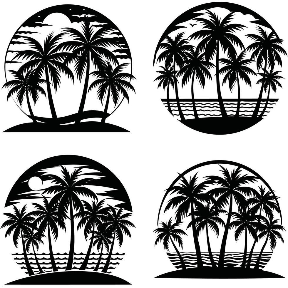 Black and white palm tree island silhouette set for summer designs vector