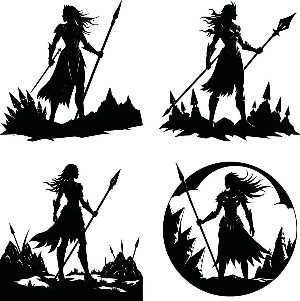 Warrior woman silhouette set with spear standing on mountain peaks isolated vector
