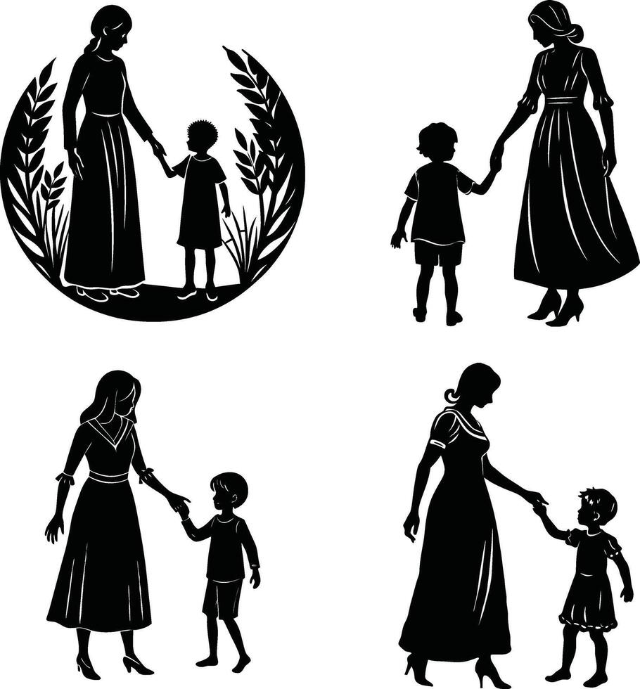 Mother and child silhouette collection various designs representing motherhood and childhood vector