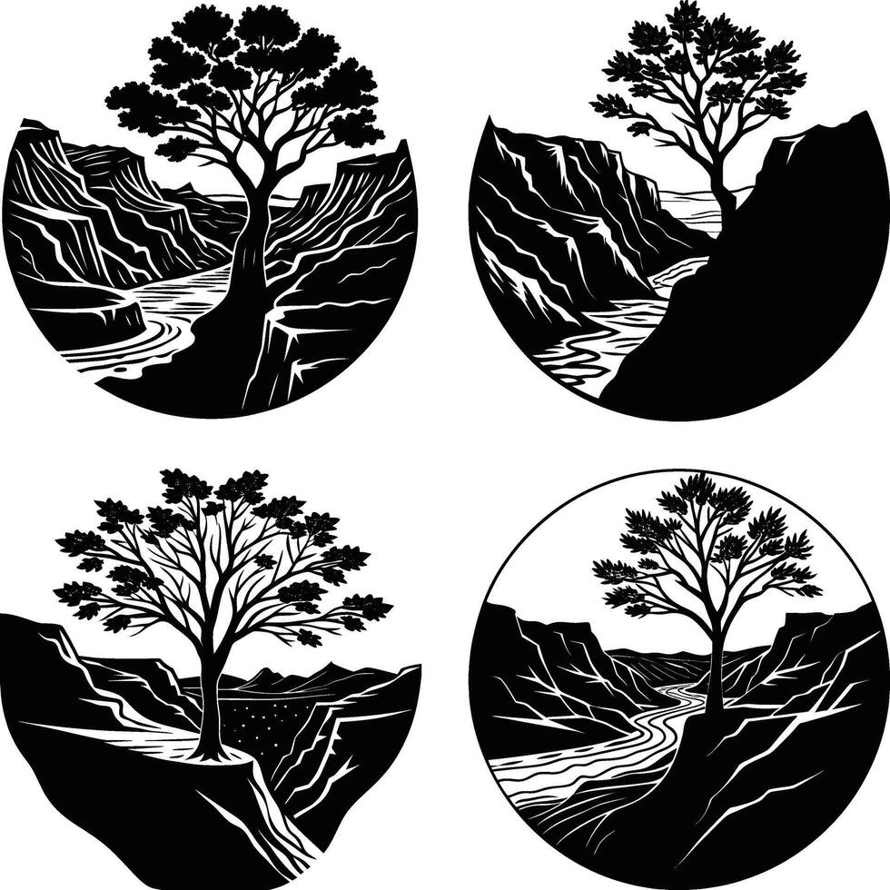 Black and white canyon landscape with tree silhouette in circular frames vector