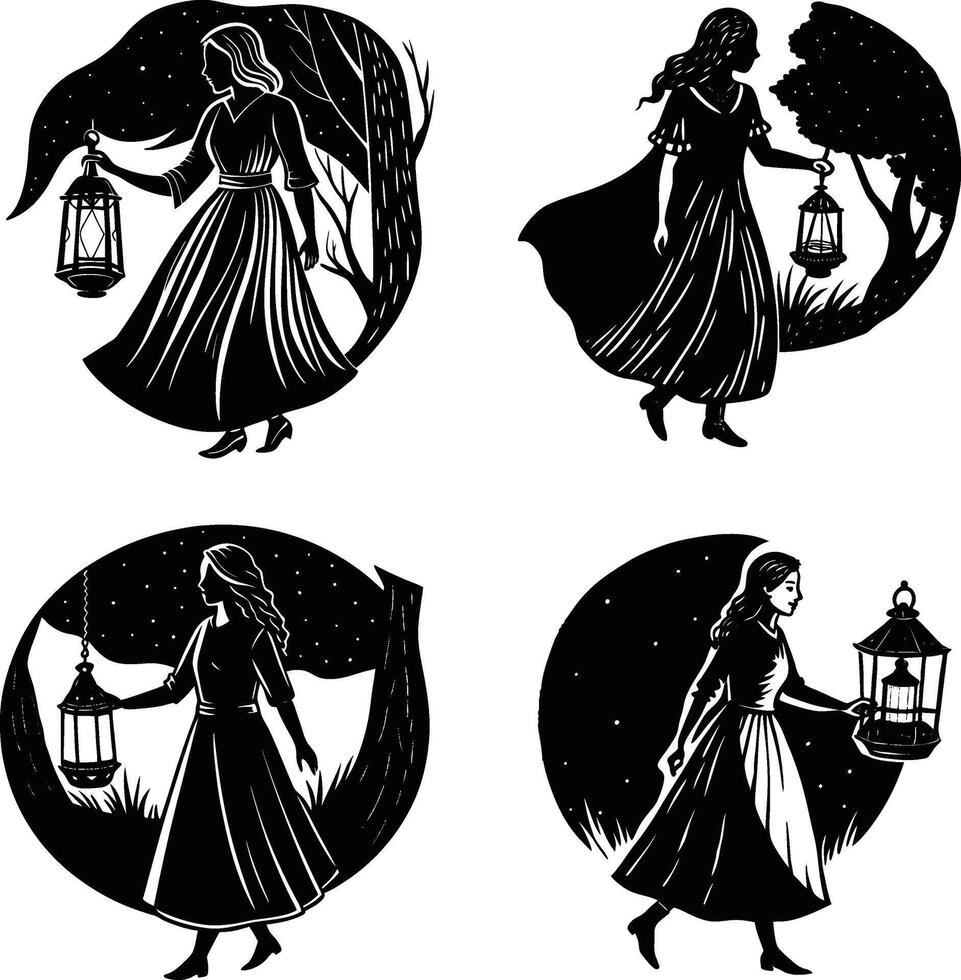 Set of women holding lanterns in the dark black and white art vector