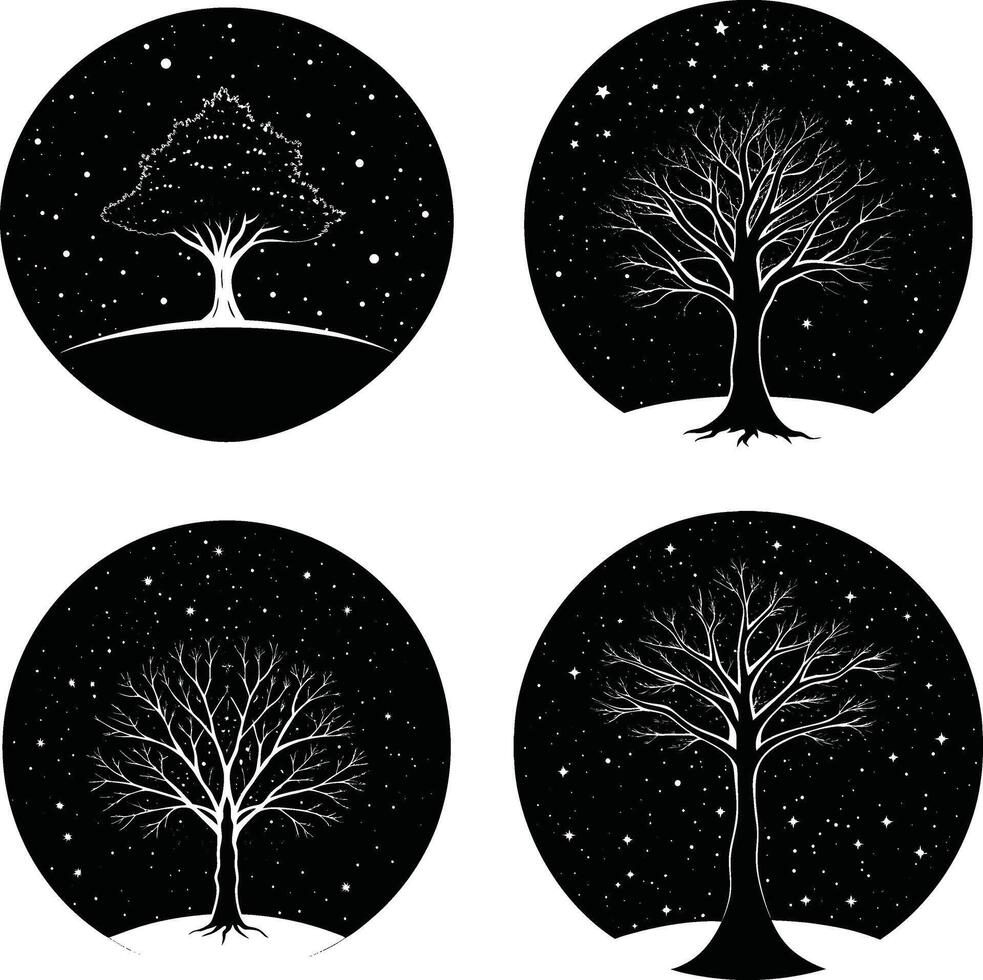 Black and white illustration set of trees under a starry sky vector