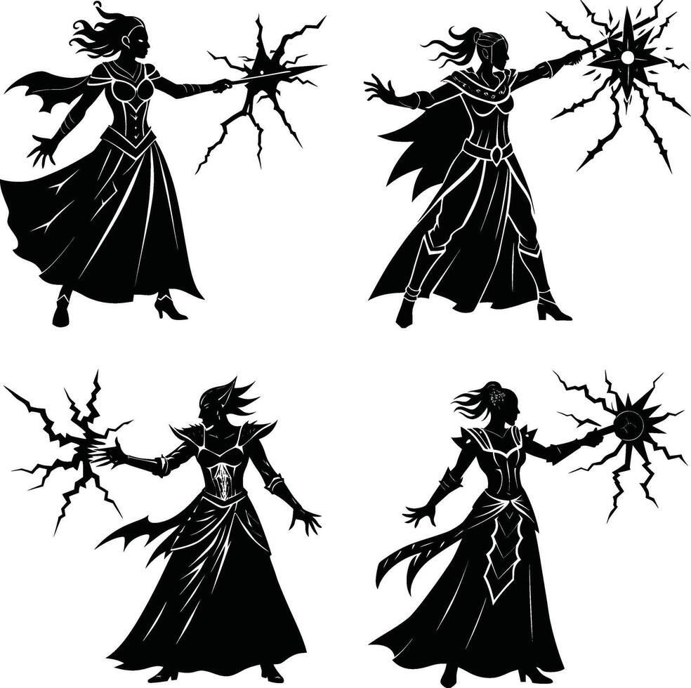 Four female sorcerers in silhouette casting magic spells illustration set vector
