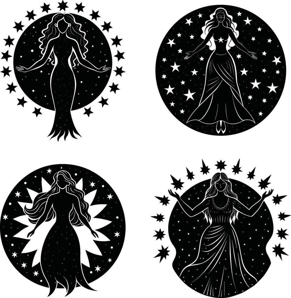 Celestial goddess collection elegant black and white starry woman silhouettes vector