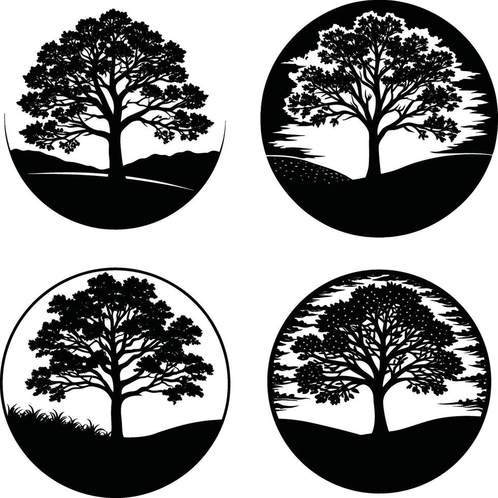 Collection of black silhouette tree landscapes in circular frames design vector