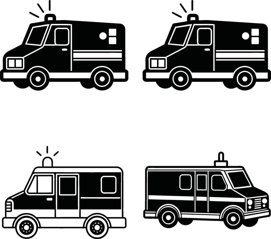 Minimalist black and white ambulance car line art illustration collection vector