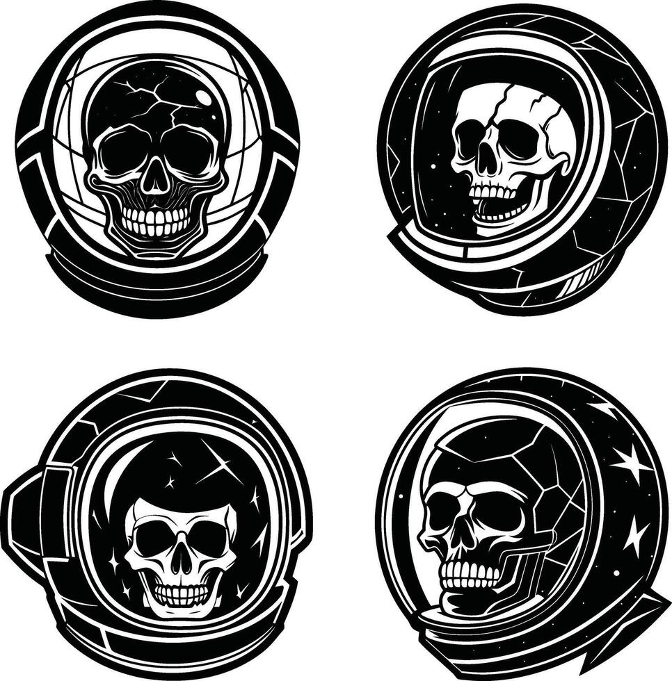 Four black and white astronaut skull designs in various helmet styles vector