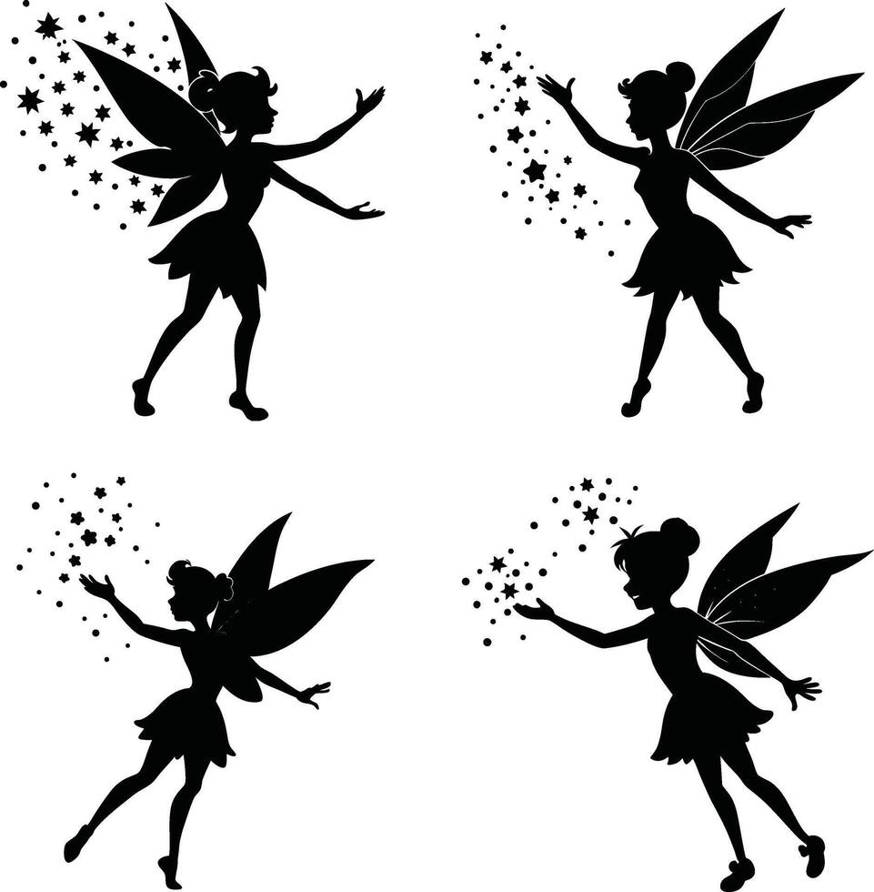 Silhouette set of fairies flying with magic stars isolated on white background vector