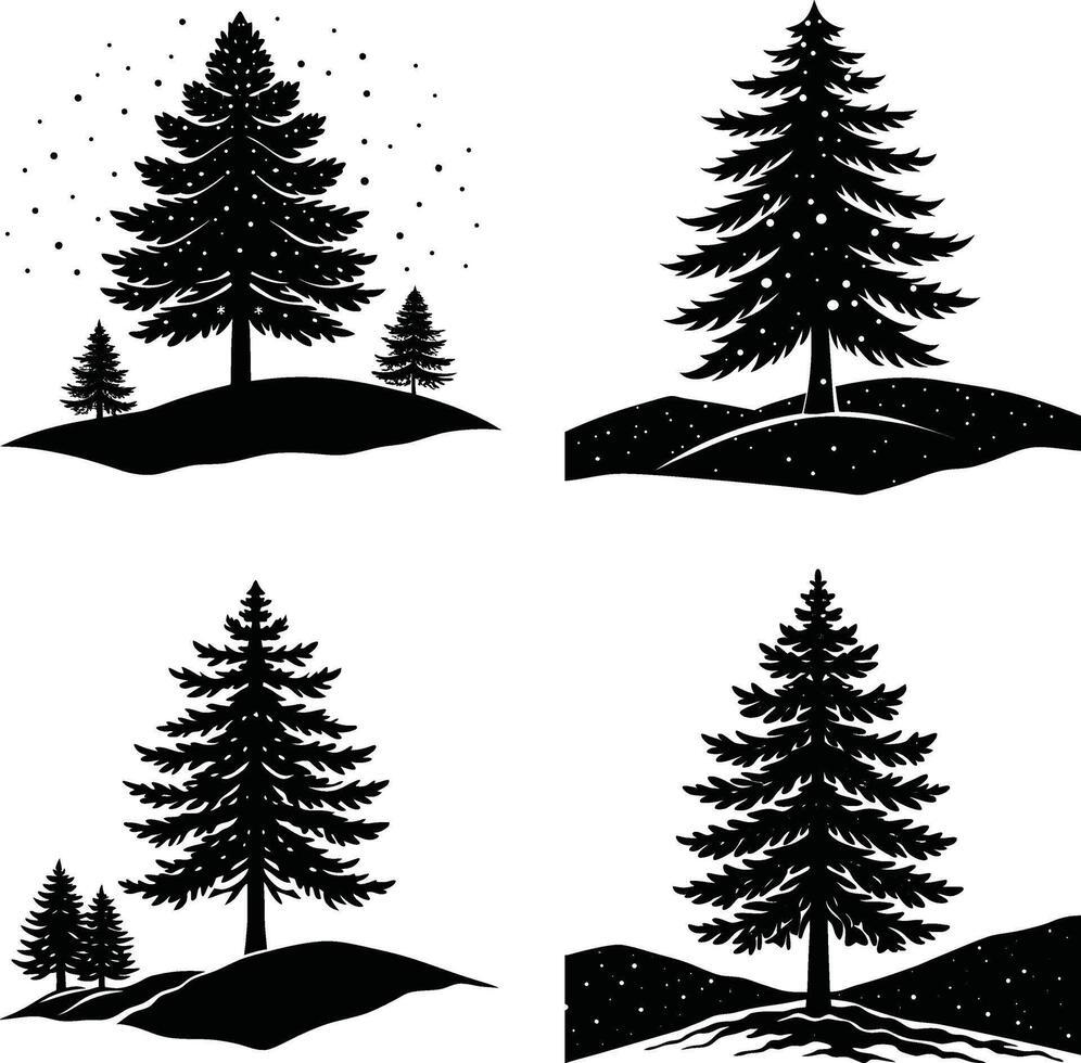 Collection of silhouette christmas trees with snowy landscapes in format vector