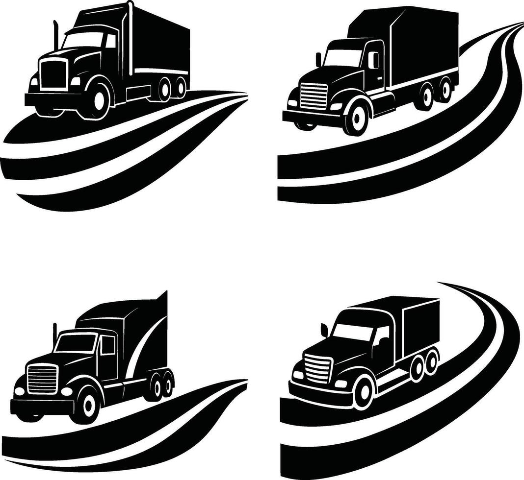 Trucking and logistics illustration with road elements black and white vector