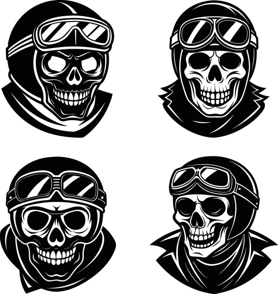 Monochrome illustration featuring four different skulls wearing motorcycle helmets and goggles vector