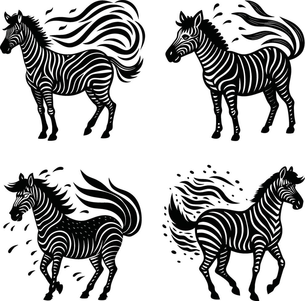 Zebra silhouette set black and white stylized illustrations of different zebra poses vector