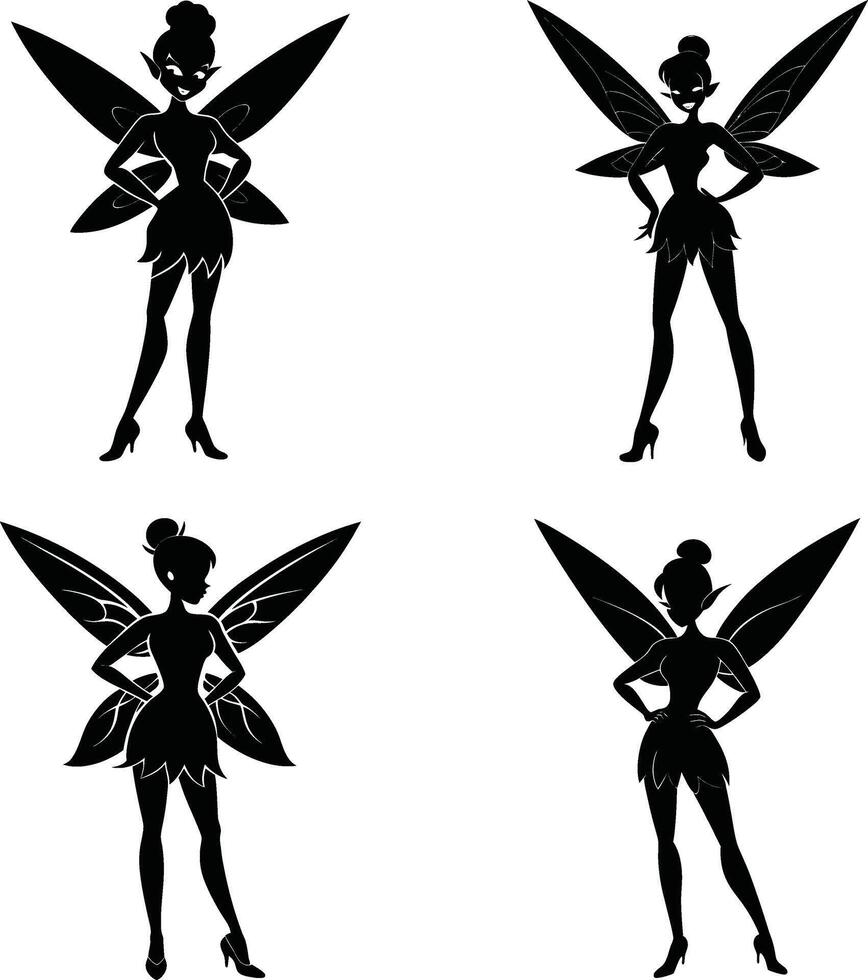 Four black silhouette fairies with wings isolated on a white background vector