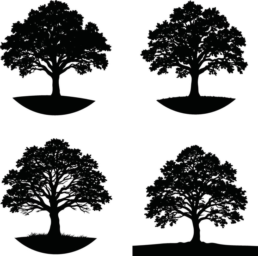 Set of four black tree silhouette illustrations on white background vector