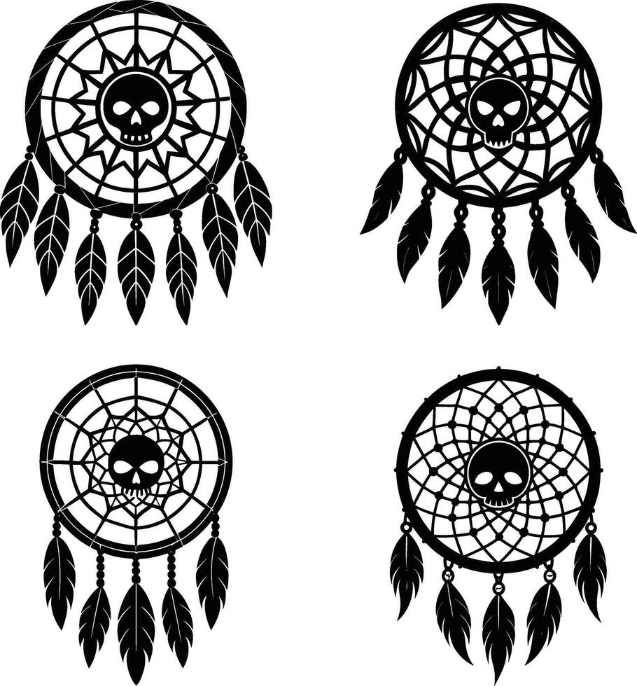 Skull dreamcatcher set with feathers in black silhouette illustration vector