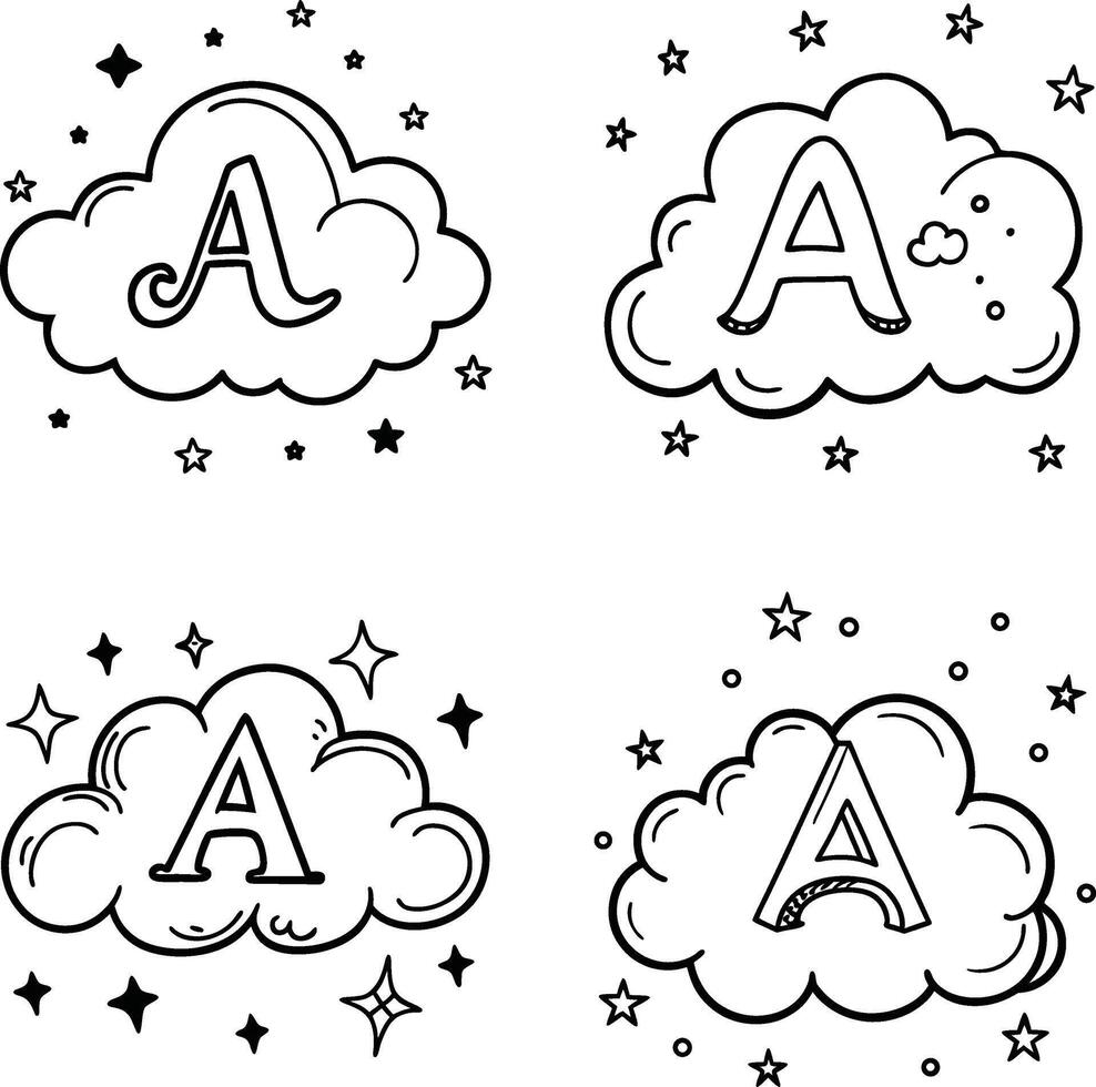 Letter a coloring page illustration with clouds and stars for kids vector