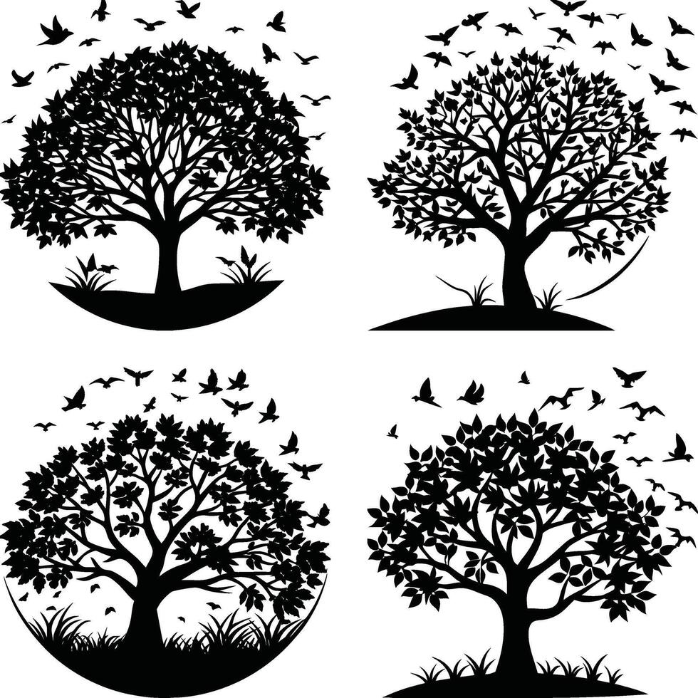 Silhouette trees with birds flying around in black and white style illustration vector