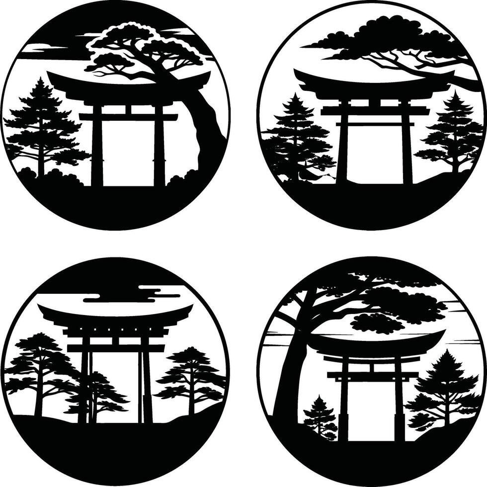 Japanese torii gate black and white silhouette illustration set asian landscape design vector
