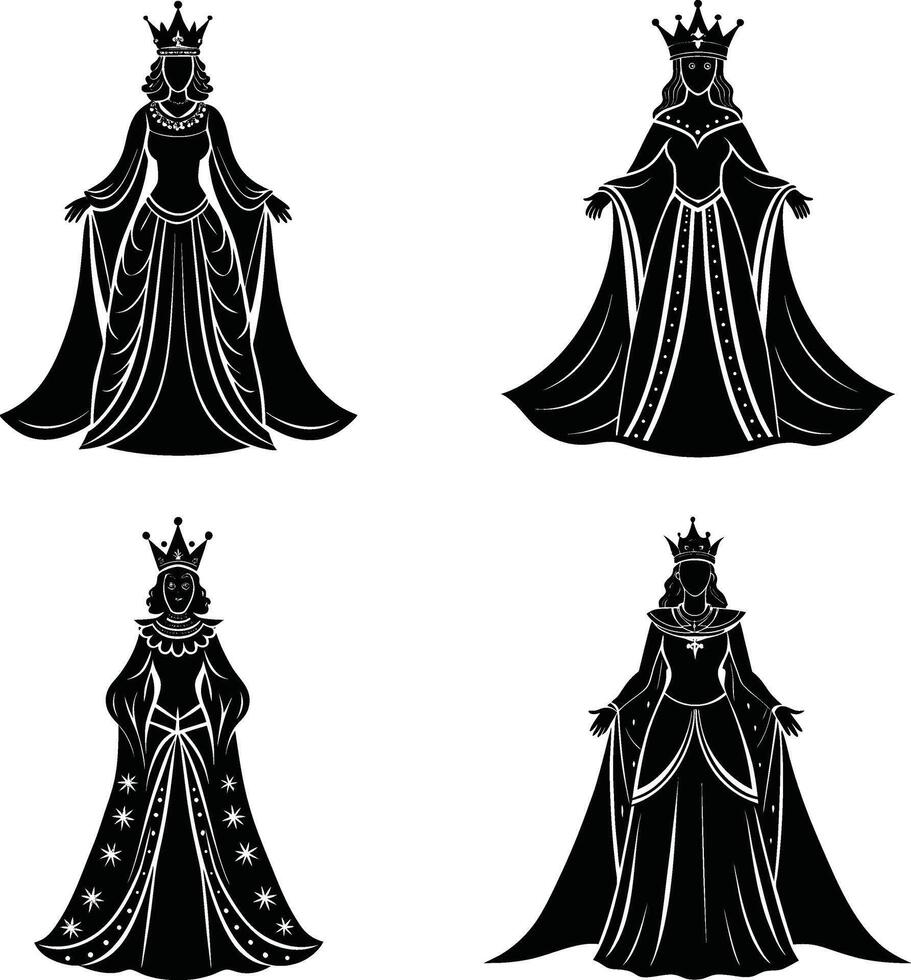 Silhouette illustration of four queens in elegant gowns wearing crowns vector