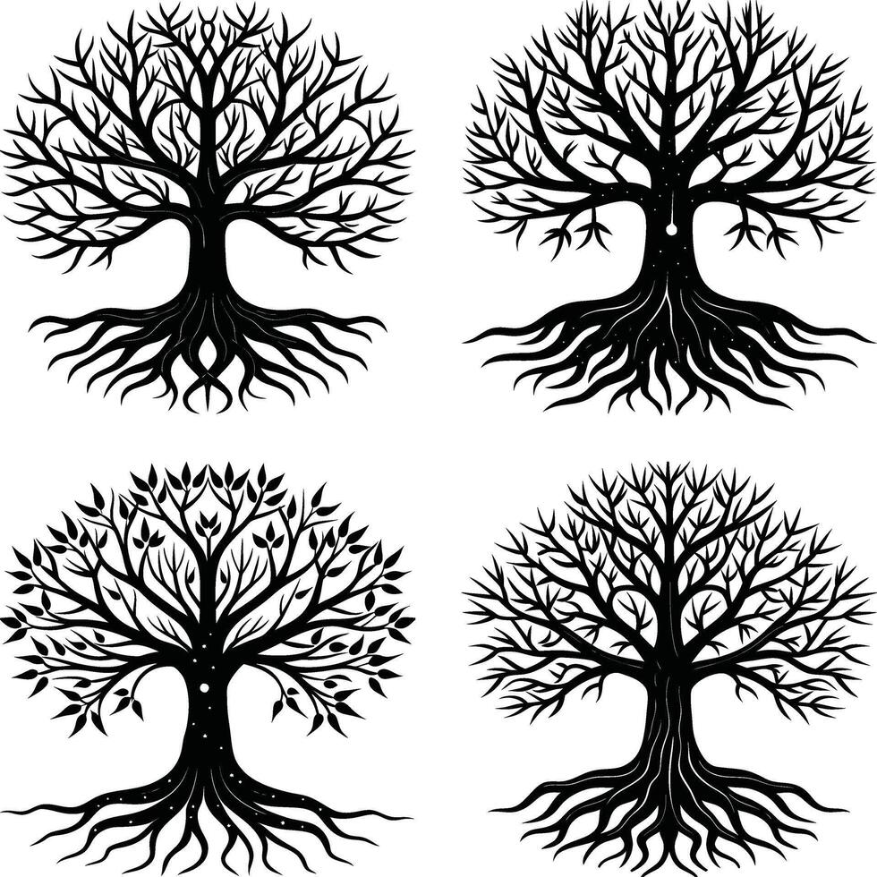 Collection of black and white tree illustrations with intricate branch structures vector