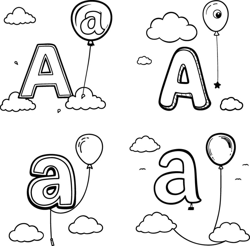 Letter a alphabet cartoon style with balloons and clouds isolated on white vector