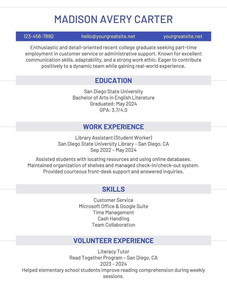 Fresh Graduates Part Time Jobs Resume Template for Marketing