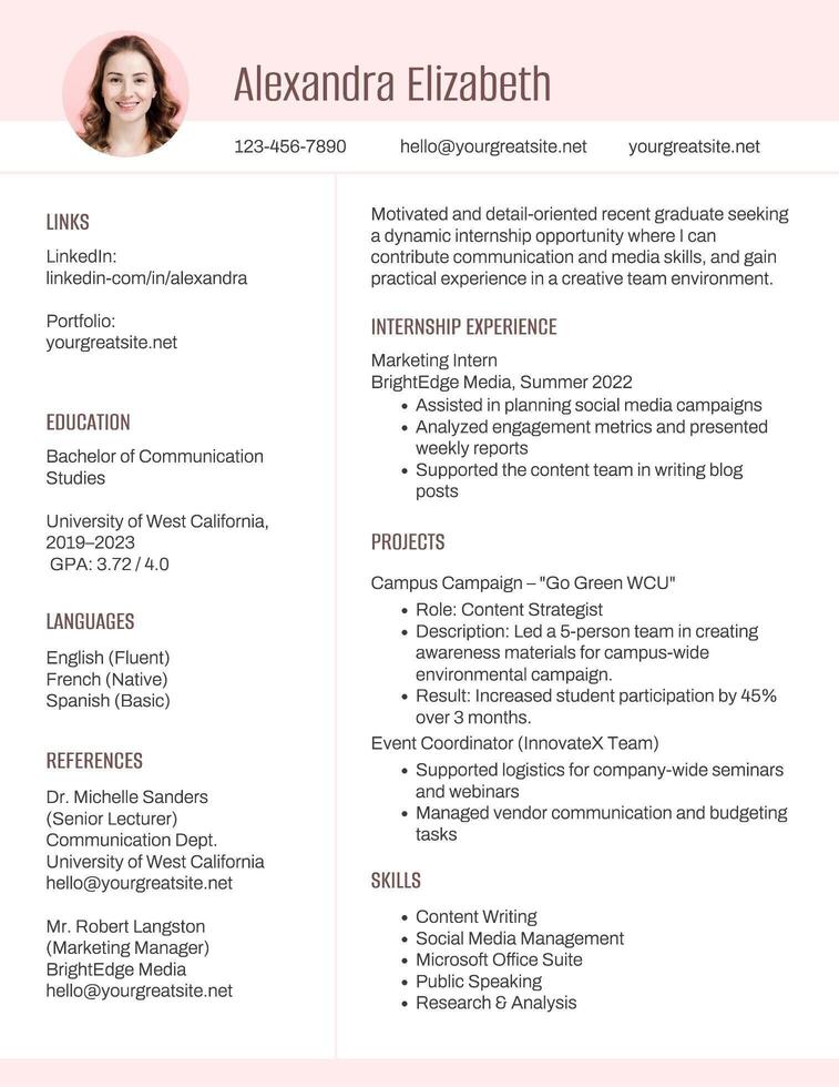 Fresh Graduate Internship Marketing Resume template