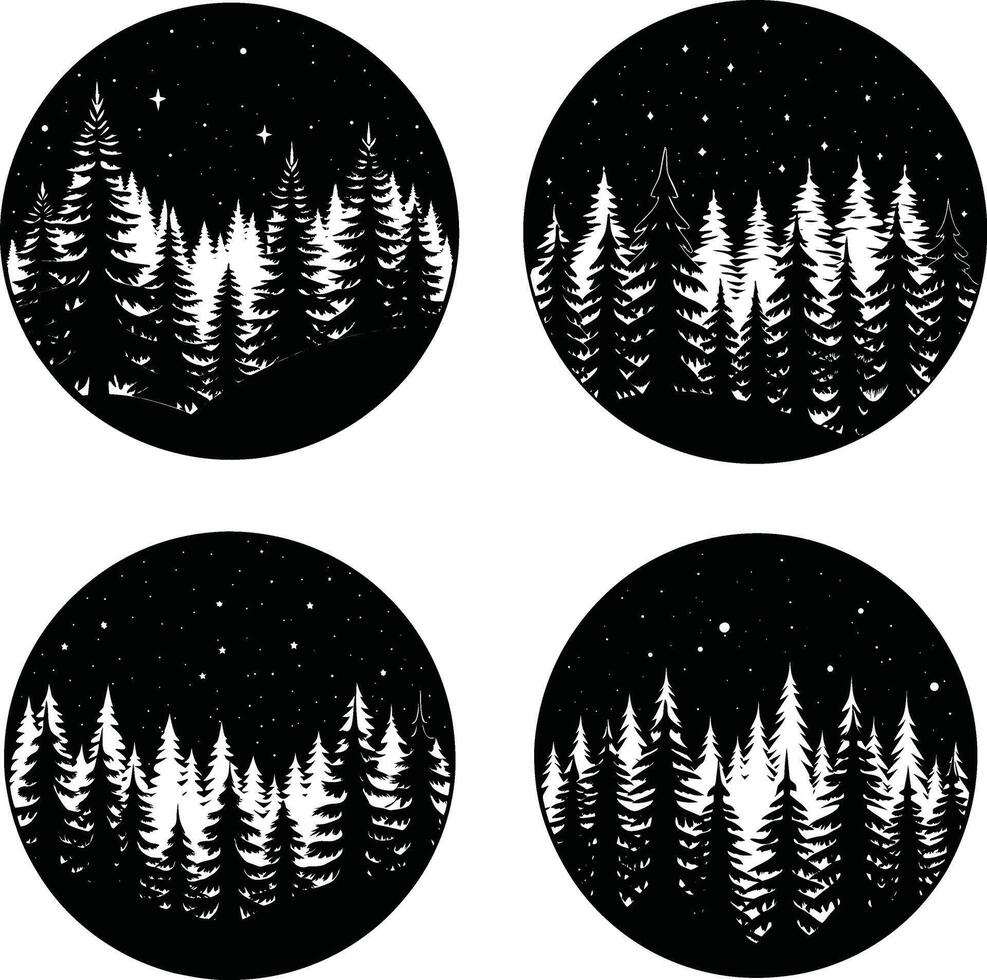 Four black and white circular forest scenes with stars illustration vector