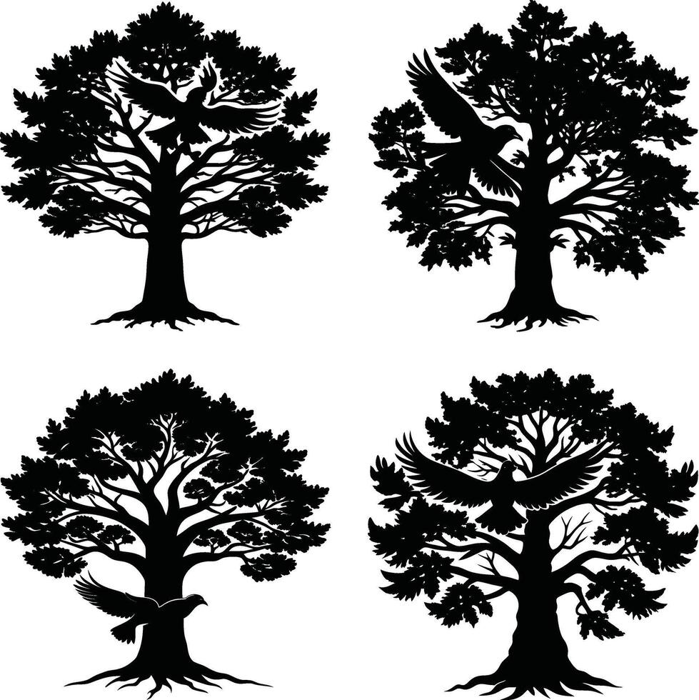 Black silhouette eagle flying from tree nature symbol set vector