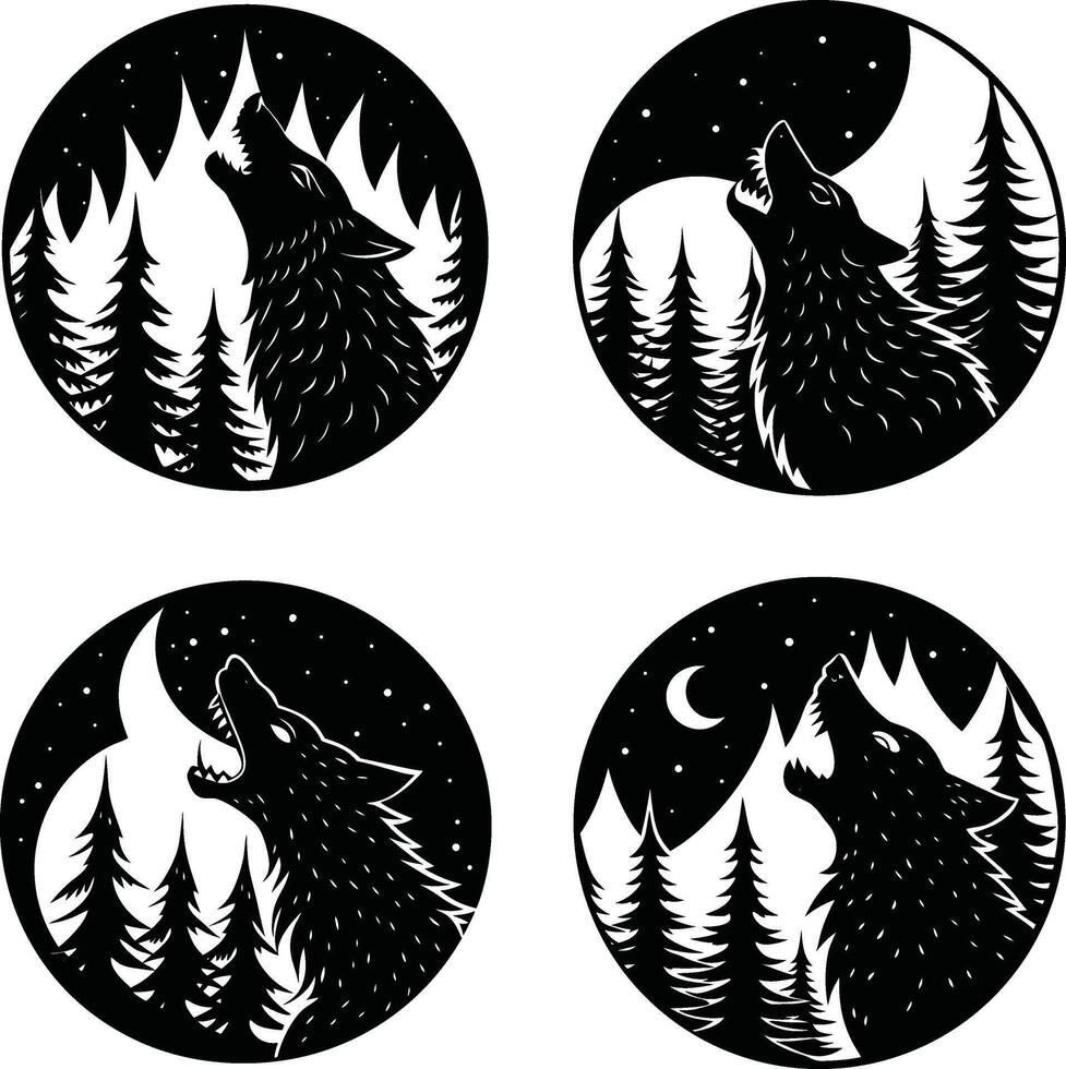 Howling wolf silhouette collection in circle frames with pine trees and moon vector