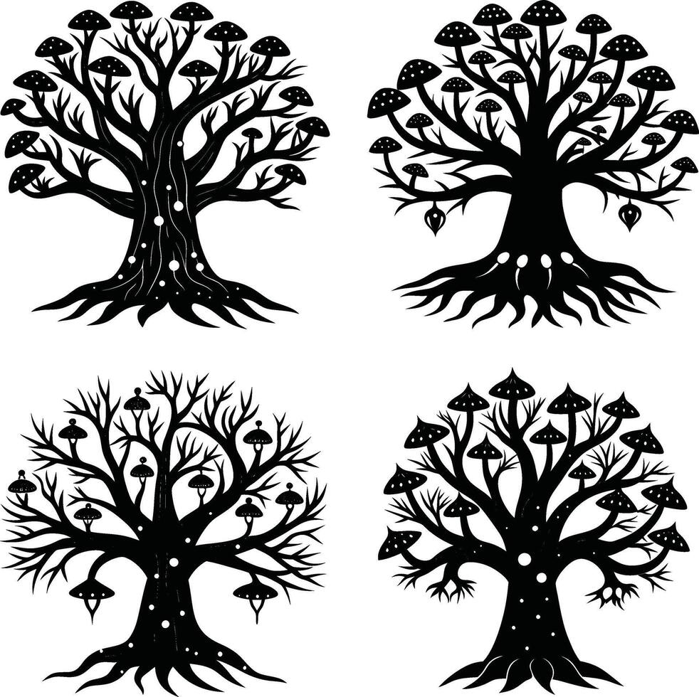 Stylized mushroom tree silhouettes enchanted forest design decorative tree collection vector