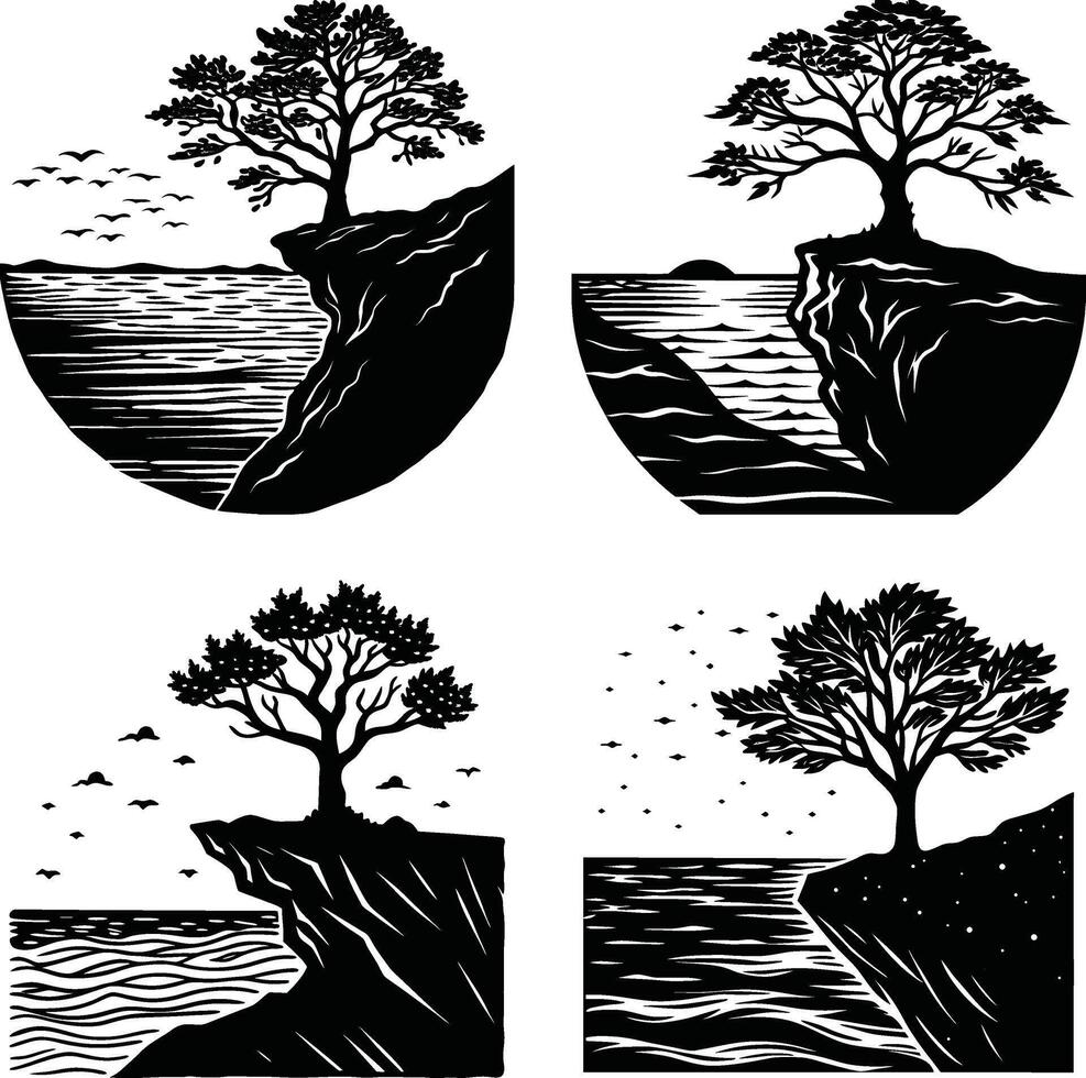 Four black and white landscape sceneries with trees on cliffs and ocean views vector