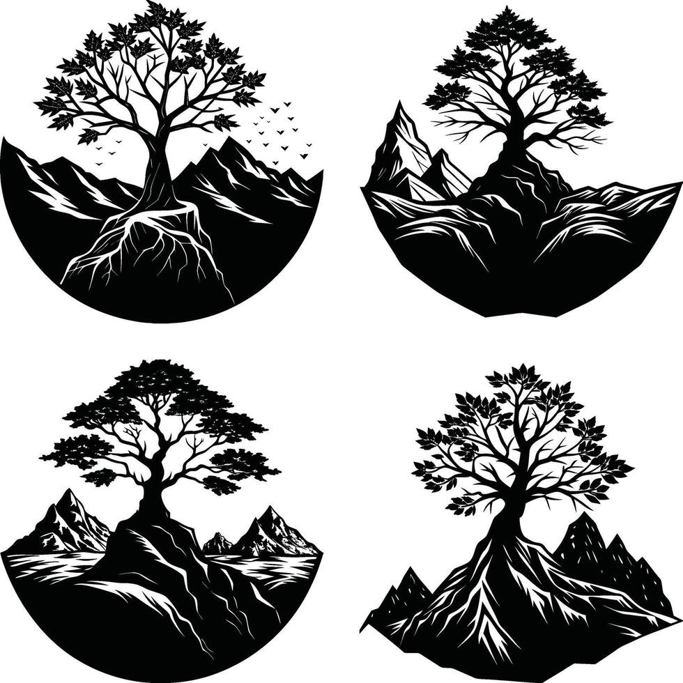 Silhouette trees on mountains illustration black and white design elements vector