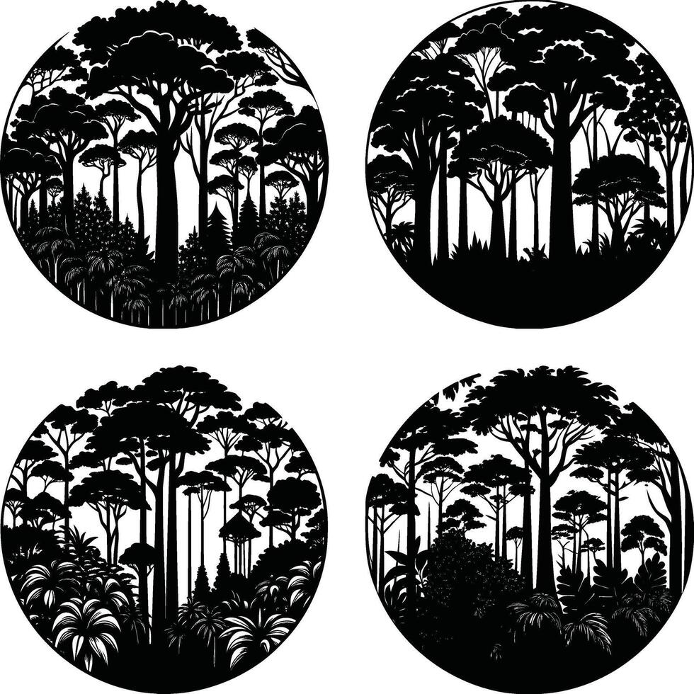 Forest silhouette round badges with tropical trees and plants illustration vector