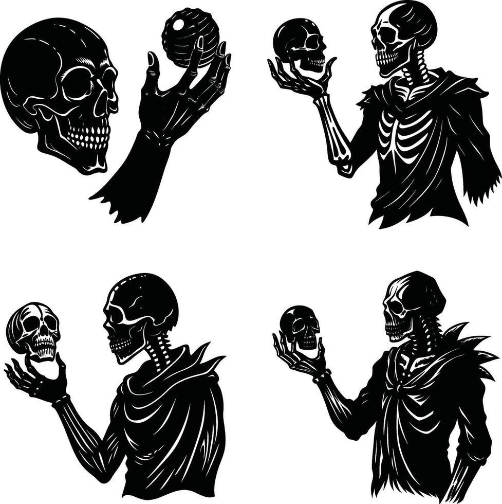 Illustrations of skeletons holding skulls and orbs in black and white vector