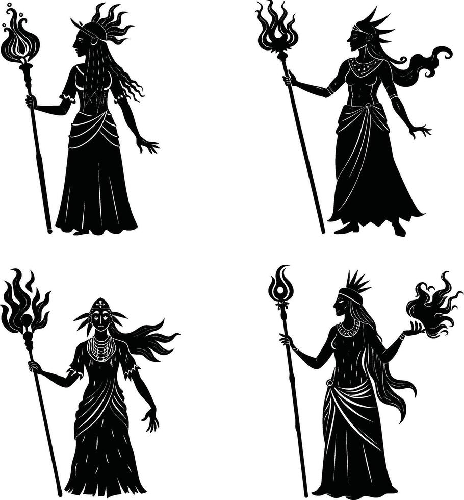 Black silhouette of four fantasy goddesses holding flaming scepters on white background vector
