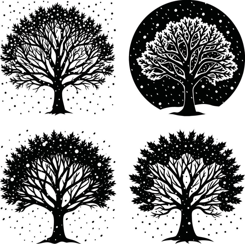 Four black and white trees with falling snow artistic silhouettes design vector