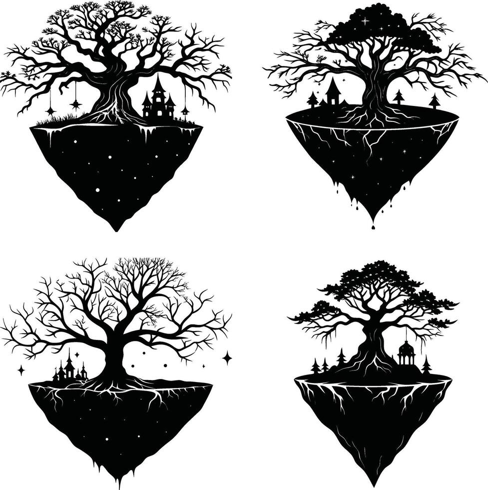 Four fantasy floating islands with trees and structures in black and white vector